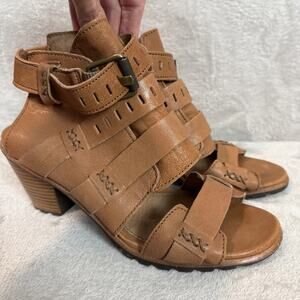 Sorel Nadia Leather Heeled Peep Toe Sandals Caged Heels Women’s 7.5 Brown EUC